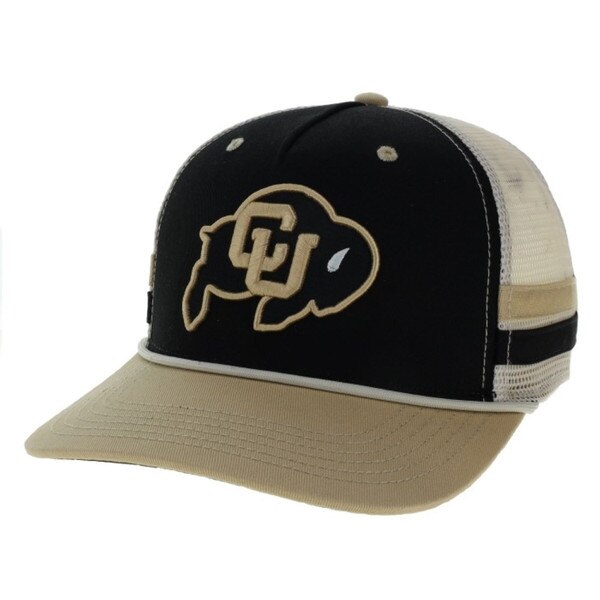 A black hat with the CU Buffalo logo embroidered on the center front. The back is a white mesh with a gold and black stripe along the bottom. The bill is gold.